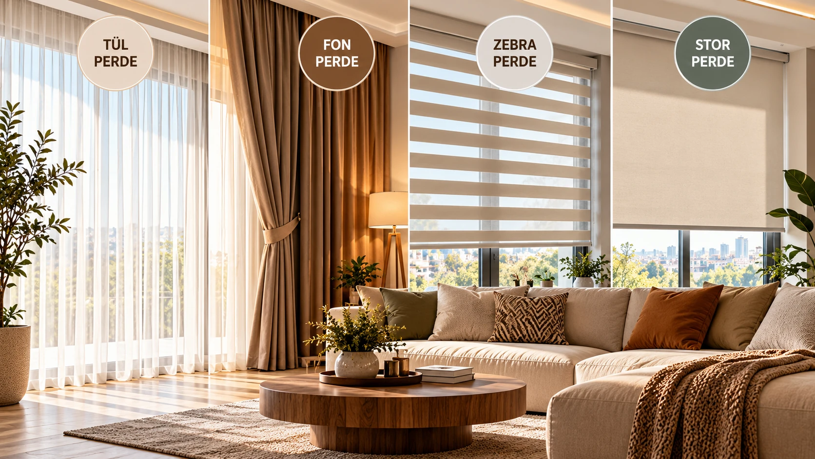 Salon için perde seçiminde tül, fon, zebra ve stor perde modelleri